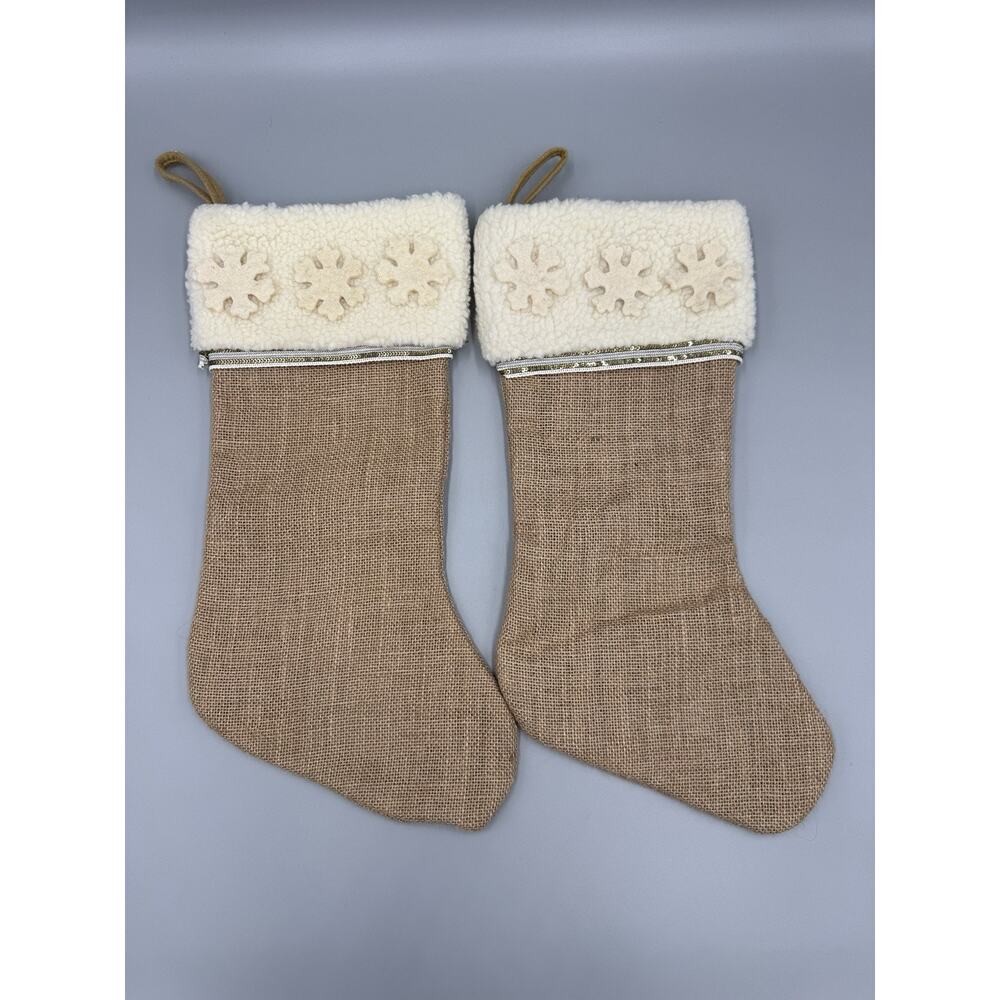 Set Of 2 Burlap Style Christmas Stockings W/ Snowflakes Design On Top